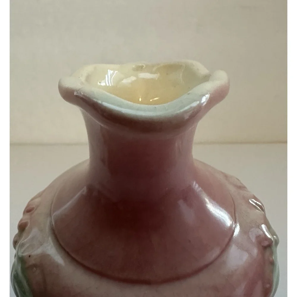 Vintage USA Pottery Pink Floral Ewer Pitcher Vase Embossed Flowers Art Pottery